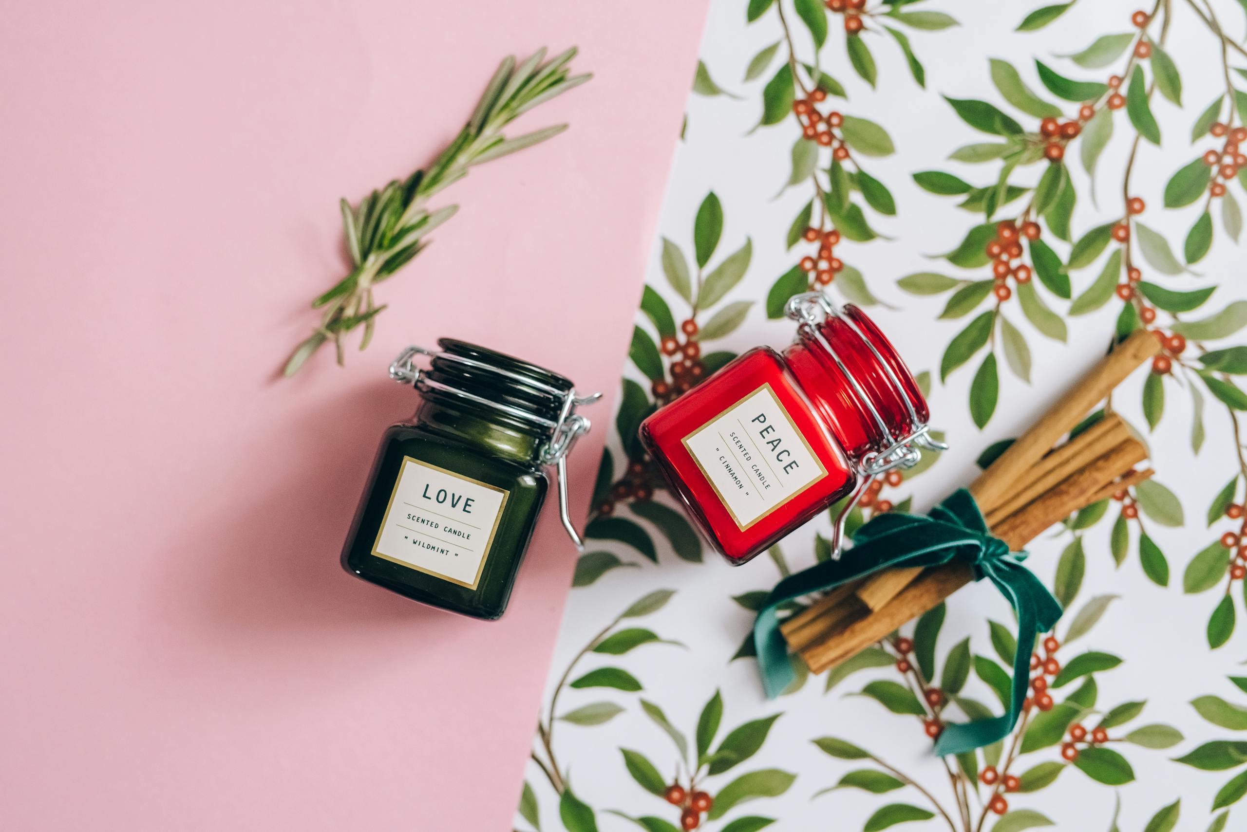 Aromatic scented candles and holiday decor create a warm and festive atmosphere.